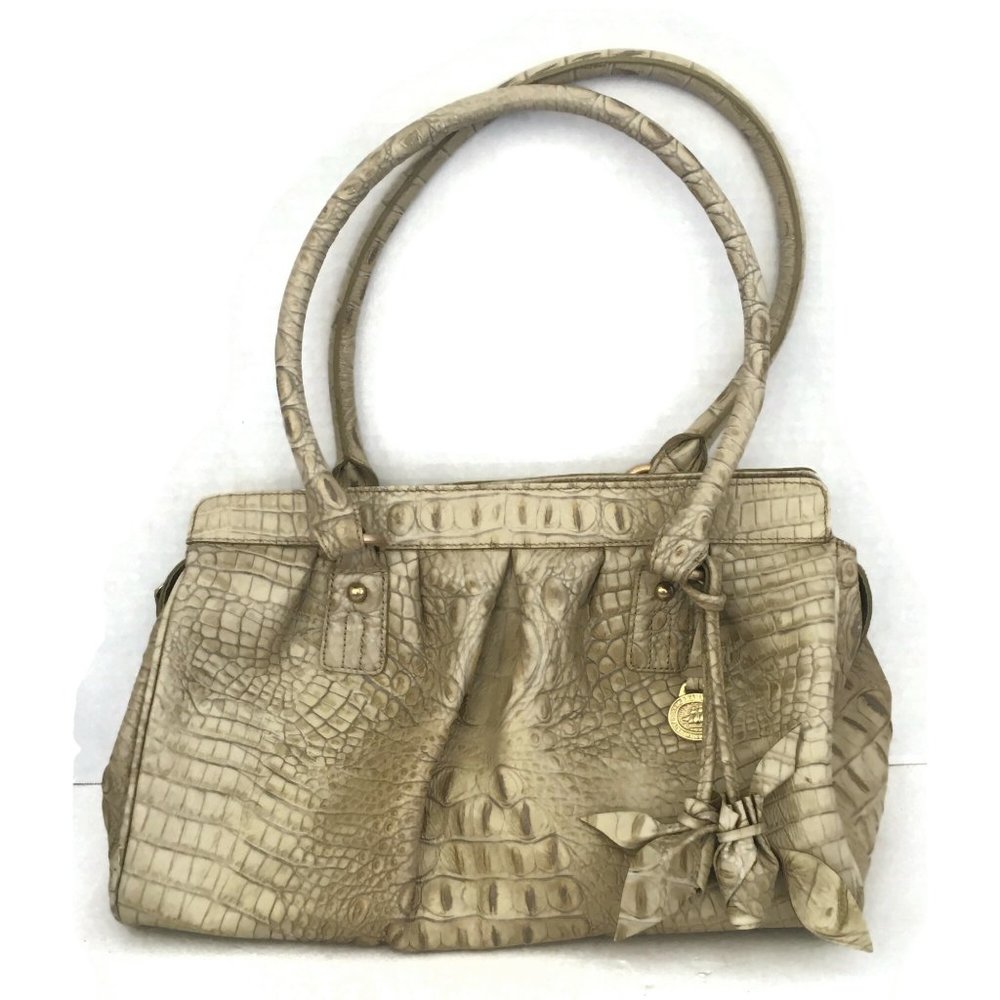 BRAHMIN  Flower Elouise Roses Large Shoulder Bag Croc Leather Beige Rare VTG